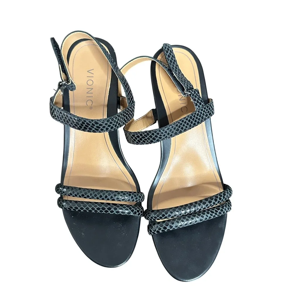 Vionic Emmy Lizard Embossed Wedge Sandals Black Strappy Heels Women 10M